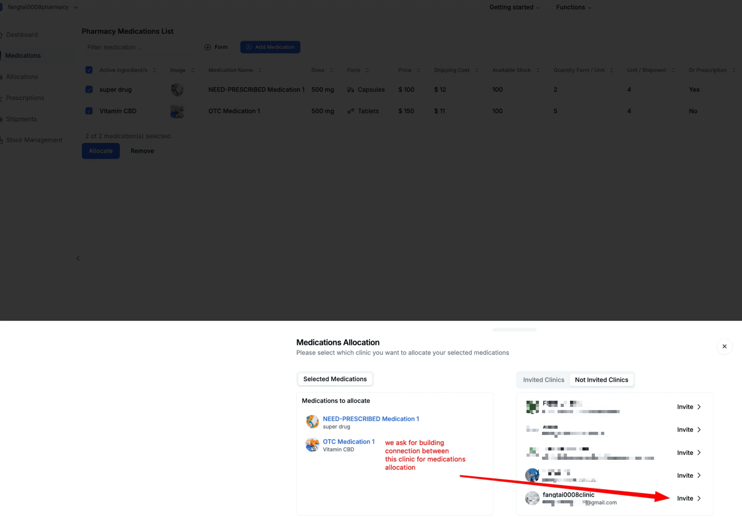 Medications Allocation - Invite Clinic